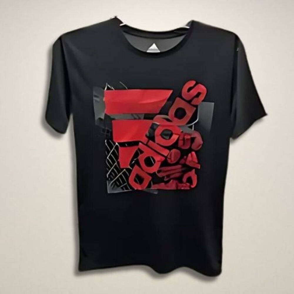 Adidas Three Stripe Life Athletic T-Shirt Moisture Wicking Black/Red Boys Large - Picture 2 of 6